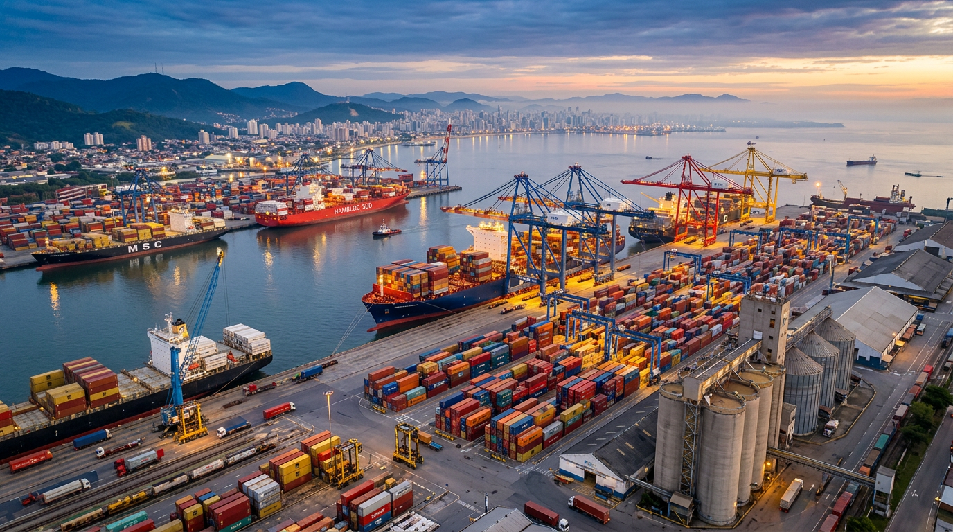 Crane loading container at sunset