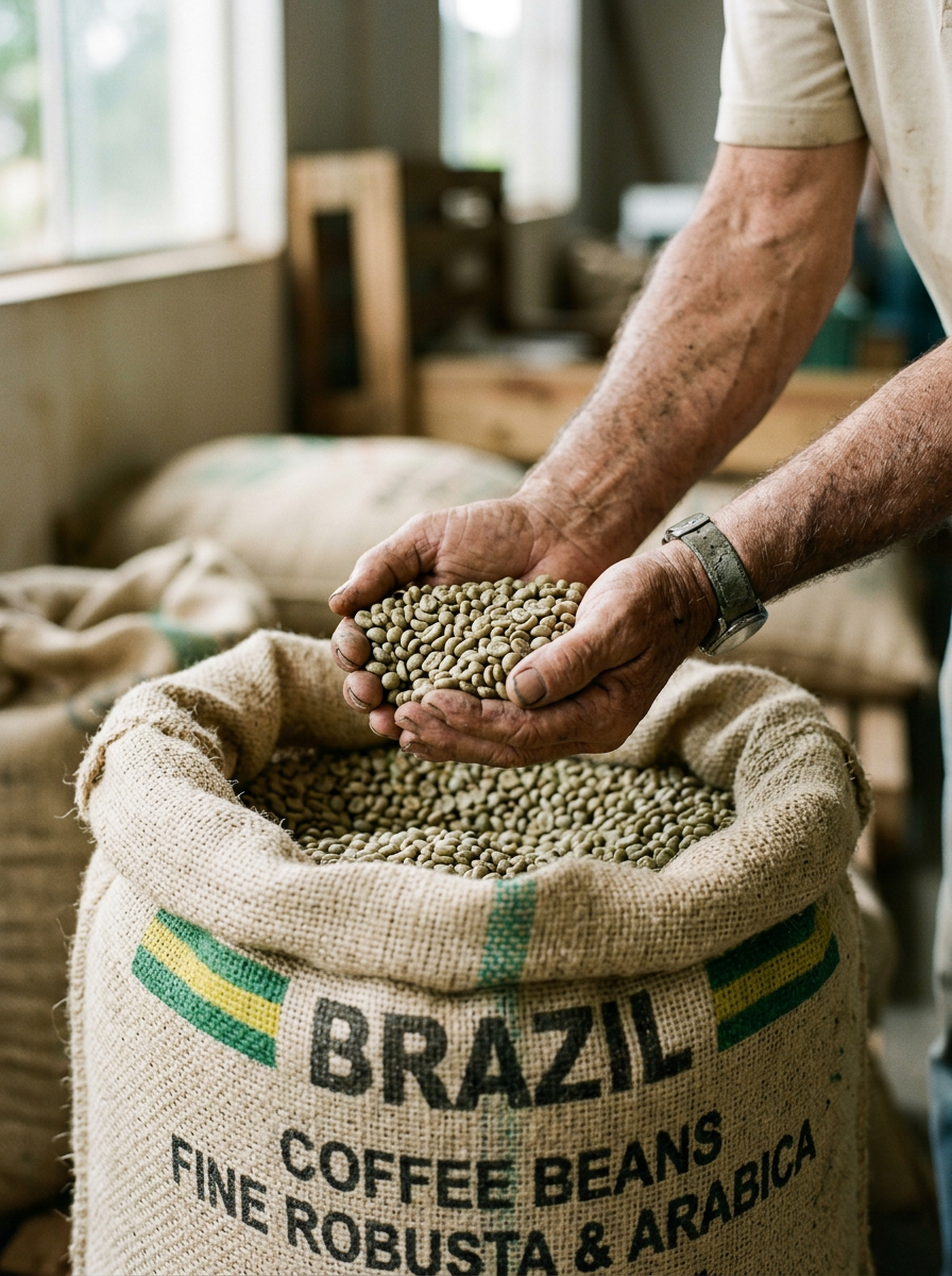 Hands holding green Brazilian coffee beans over a jute BRAZIL export sack
